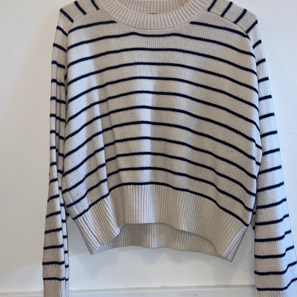 navy and white striped jumper